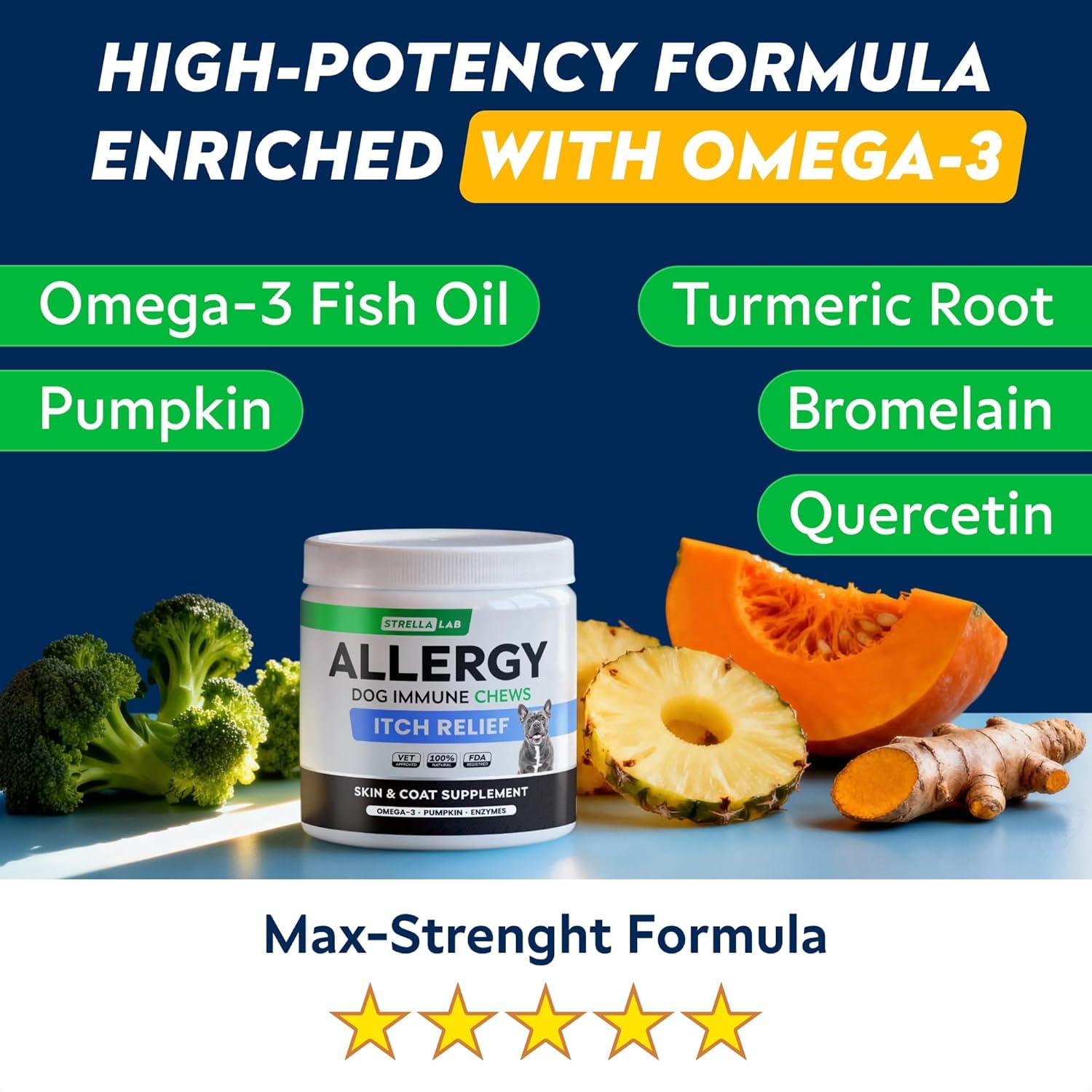 STRELLALAB fish oil pumpkin enzymes ingredients; omega-3 rich care.