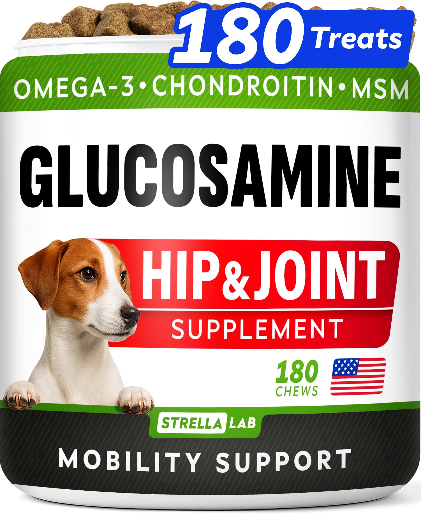 STRELLALAB glucosamine-dogs-advanced-mobility-chews pack promotes ongoing joint support.