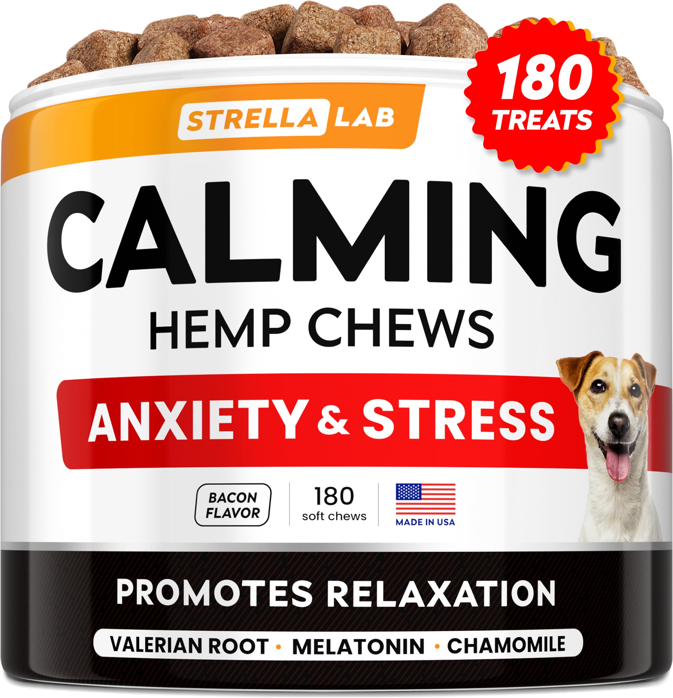 STRELLALAB hemp calming chews for dogs bottle promotes calm moments during fireworks and thunderstorms.