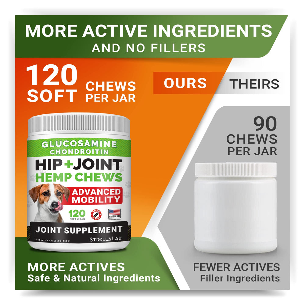 STRELLALAB hemp glucosamine dog treats ingredients image highlighting essential nutrients.