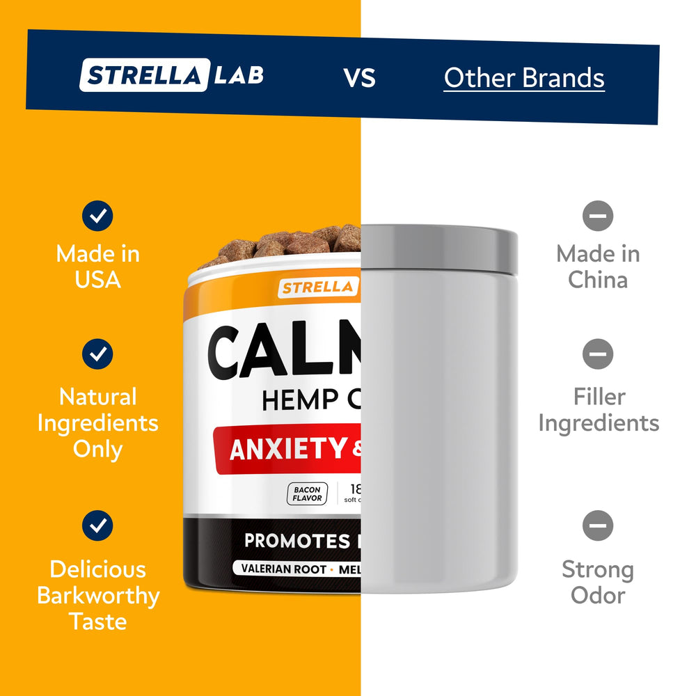 STRELLALAB hemp oil dog-relaxation bottle emphasizes natural calming benefits.