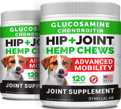 STRELLALAB large-breed hemp glucosamine dog joint supplement bottle closeup for joint support.