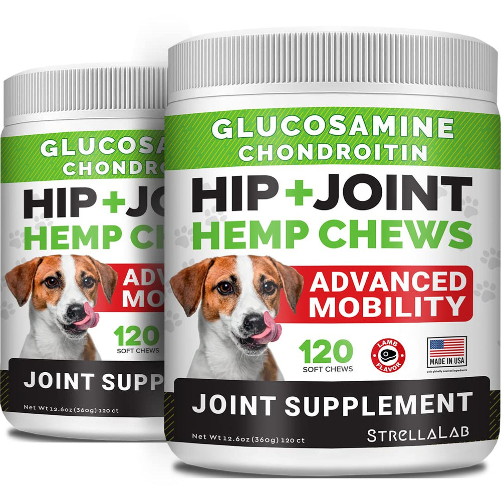 STRELLALAB large breed hip joint chews bottle highlights mobility support for active dogs.