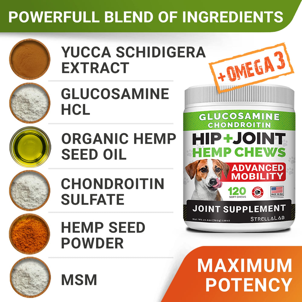 STRELLALAB hip and joint supplement packaging emphasizes USA-made quality and savings.