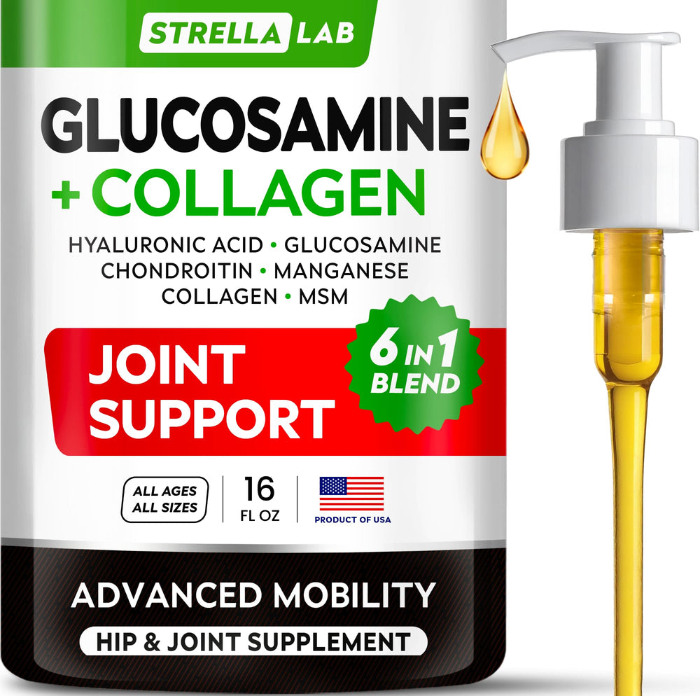 STRELLALAB Liquid Glucosamine for Dogs bottle pour enables easy dosing for mobility support.