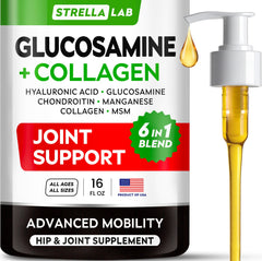 STRELLALAB Liquid Glucosamine for Dogs bottle pour enables easy dosing for mobility support.