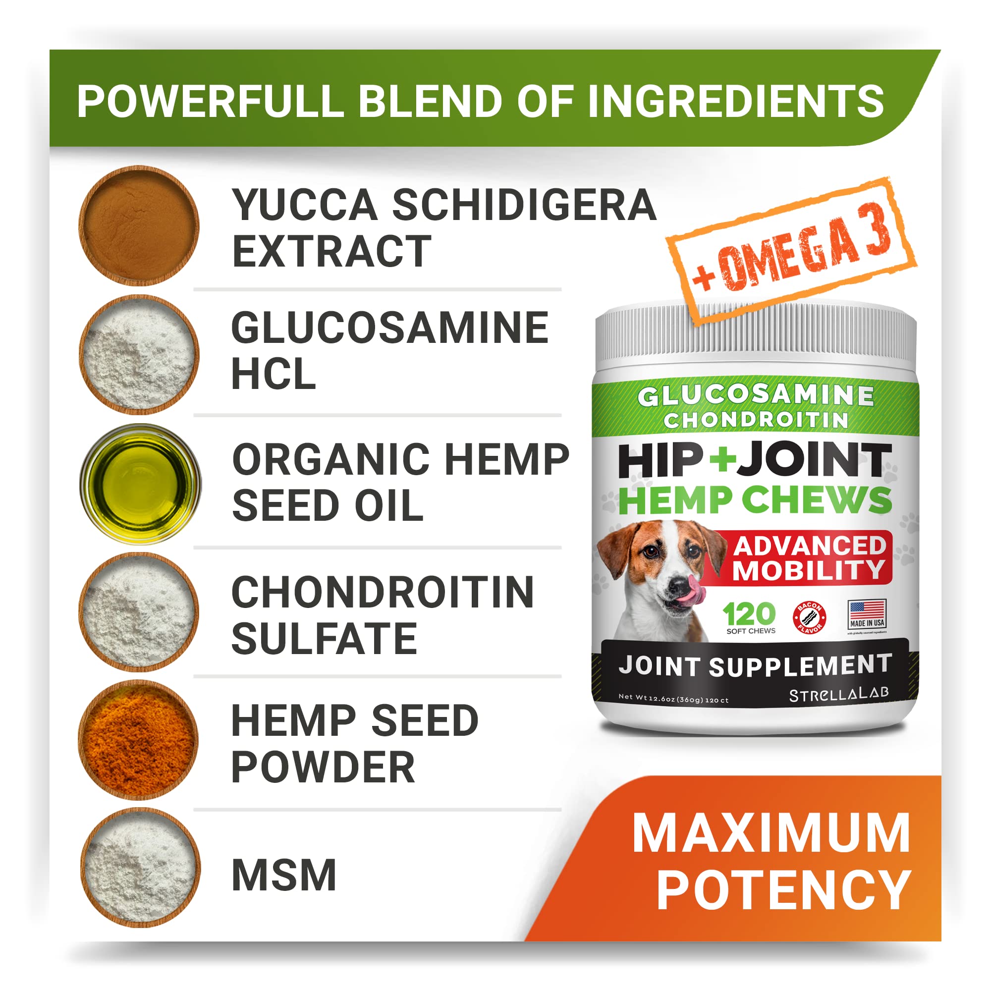 STRELLALAB made-in-usa dog joint supplement label image indicating quality manufacturing.