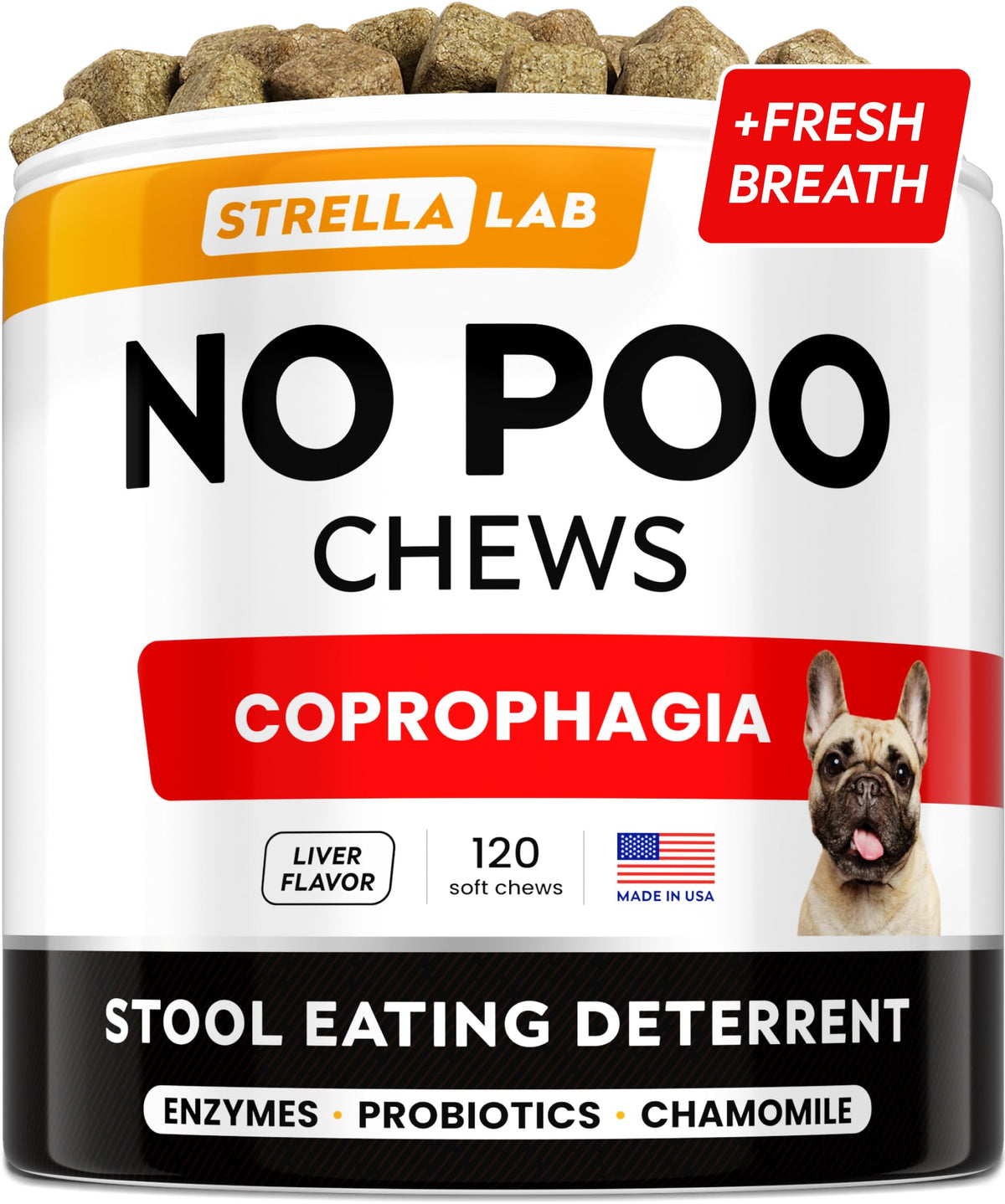STRELLALAB No Poo Chews dog-biscuit texture for digestion support