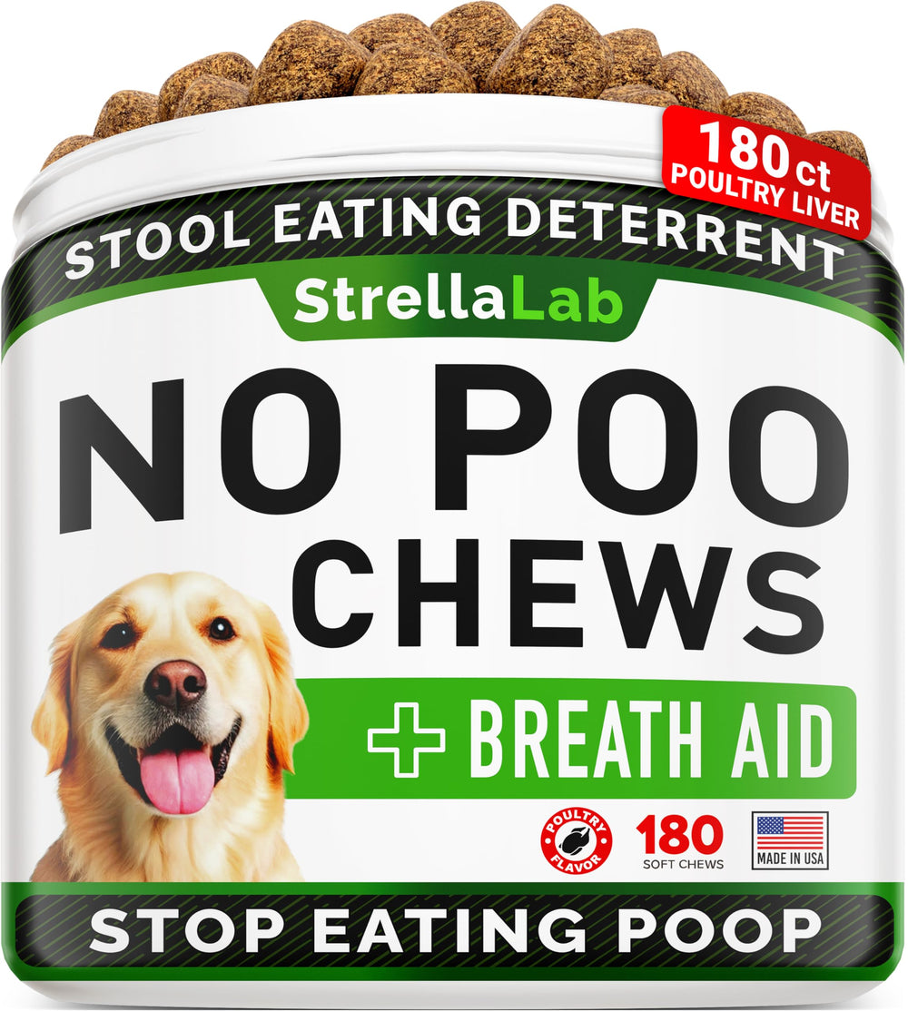 STRELLALAB No Poo Chews bottle—easy, tasty treats for supporting coprophagia deterrence.