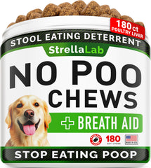 STRELLALAB No Poo Chews bottle—easy, tasty treats for supporting coprophagia deterrence.