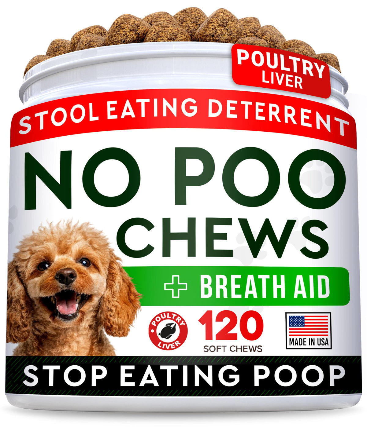 strellalab No Poo Chews pack shot showing USA-made packaging and deterrent purpose.