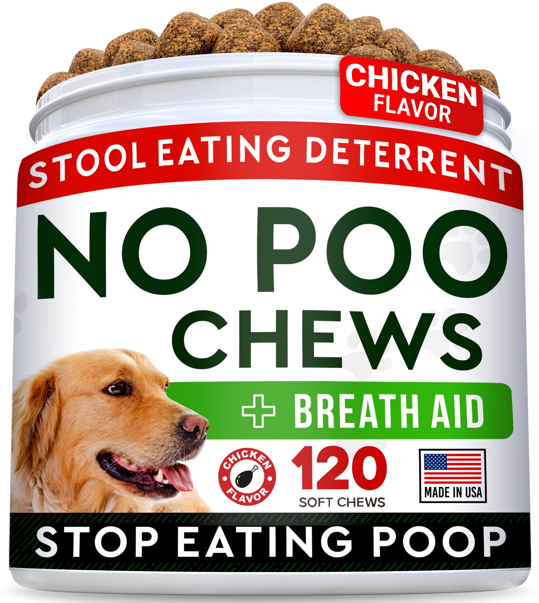 STRELLALAB No Poo Treats packaging close-up highlighting coprophagia deterrent benefits.