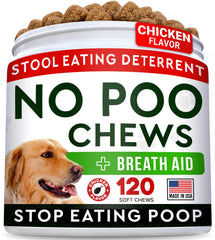 STRELLALAB No Poo Treats packaging close-up highlighting coprophagia deterrent benefits.