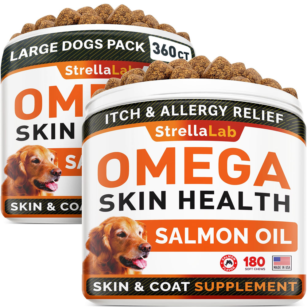 STRELLALAB Omega 3 dogs treats bottle showcases salmon oil for a healthy coat.