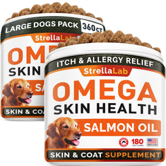 STRELLALAB Omega 3 dogs treats bottle showcases salmon oil for a healthy coat.