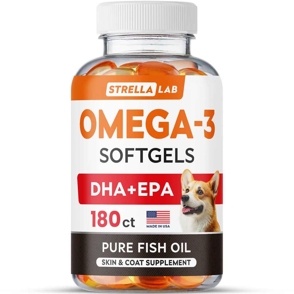StrellaLab Omega-3 dog softgels jar promotes joint health and shiny coat.