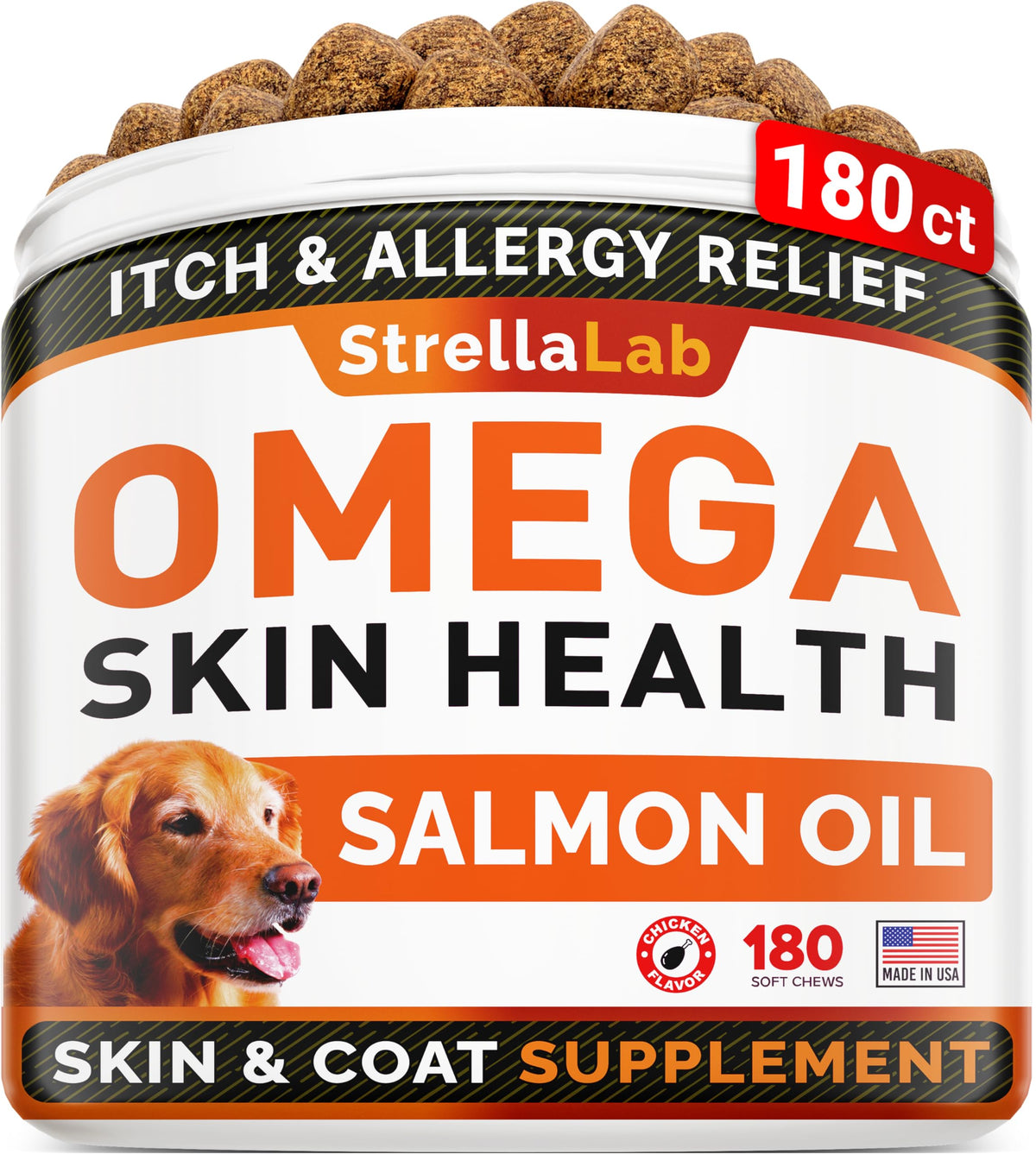 STRELLALAB Omega 3 for Dogs bottle with salmon oil chews for coat health.