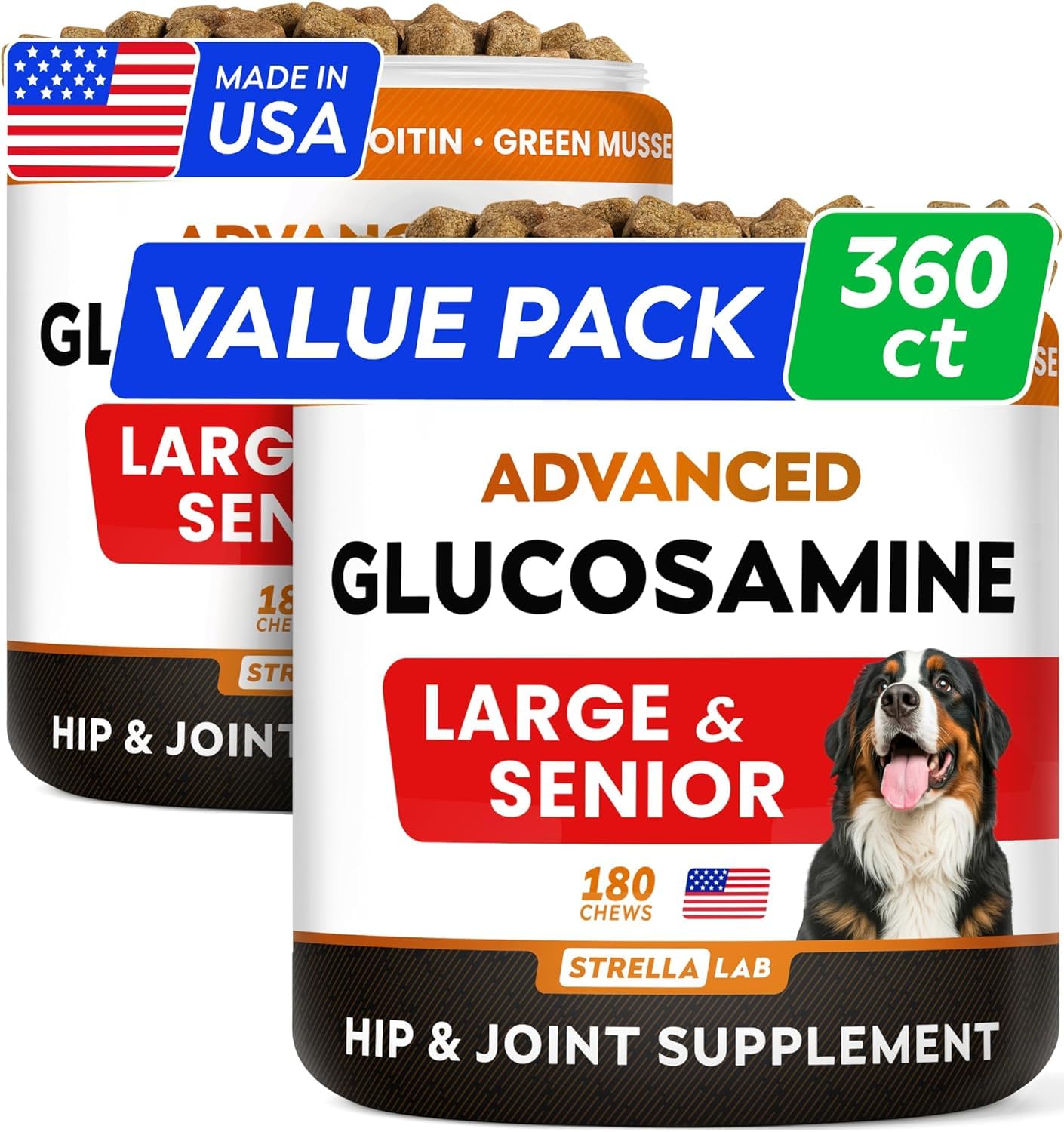 Strellalab Senior 360-chews pack supports aging dogs' joint health.