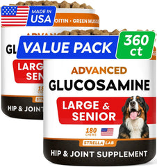 Strellalab Senior 360-chews pack supports aging dogs' joint health.