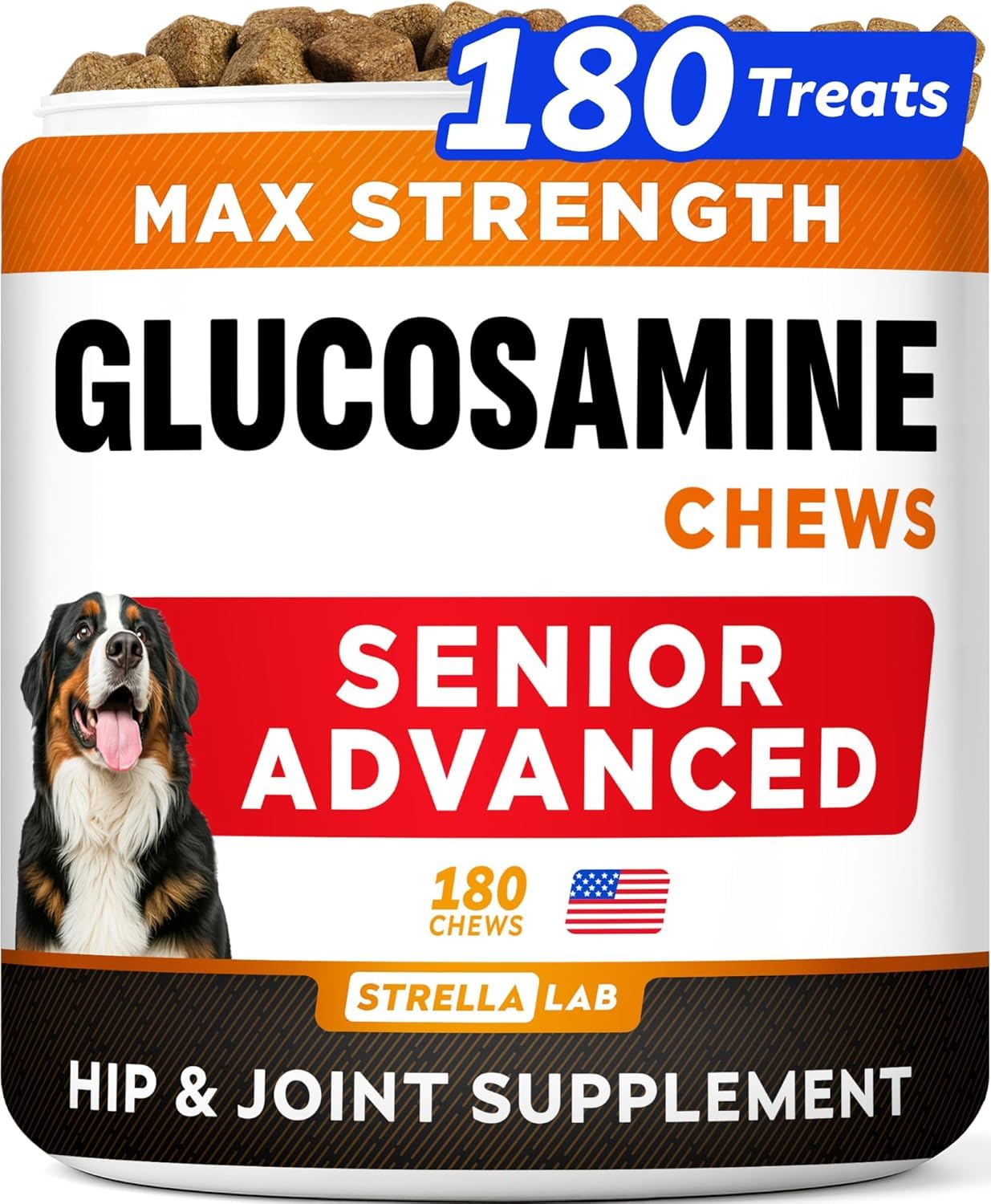 Strellalab senior dog joint supplement bacon chews 180ct bottle—easy-to-feed for aging joints.