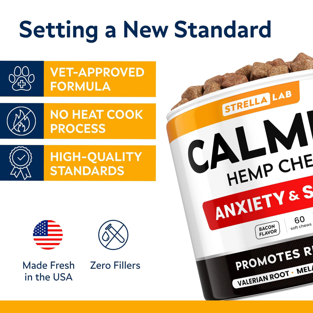 STRELLALAB Made in USA image highlights quality calming chews for routine dog care.