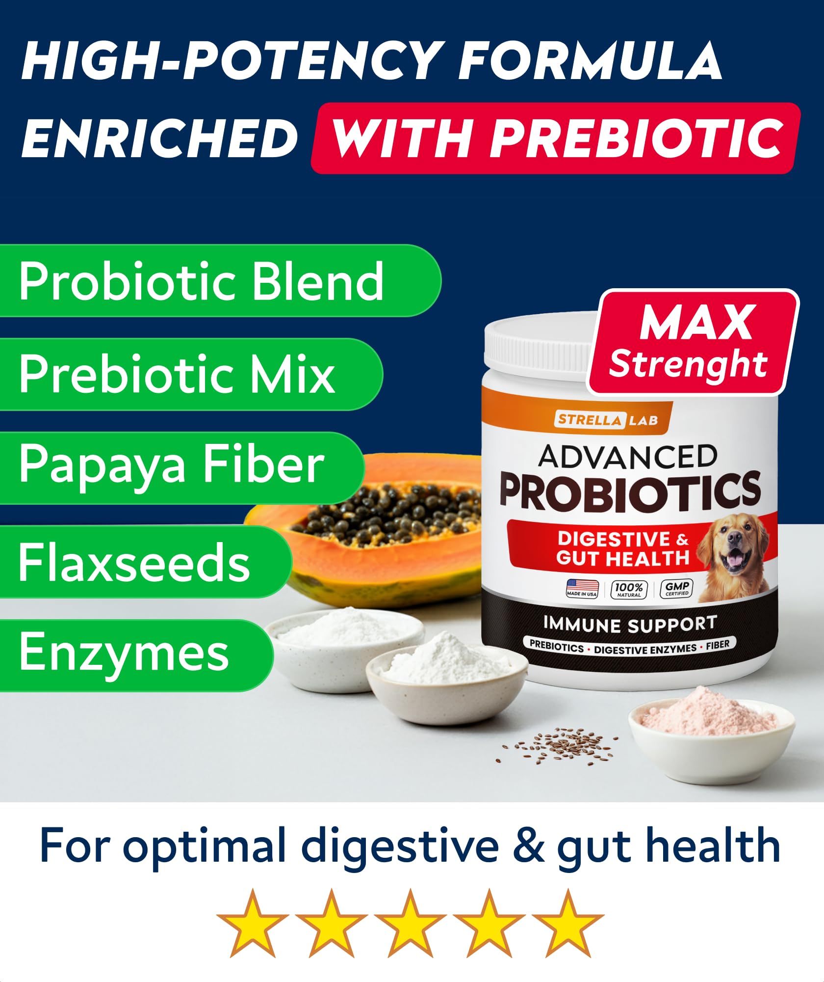 StrellaLab Vet Strength bacon-flavored chews entice dogs while supporting digestive wellness.