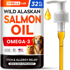 STRELLALAB Wild Alaskan Salmon Oil bottle pour shows ocean-to-bowl quality for dogs and cats.