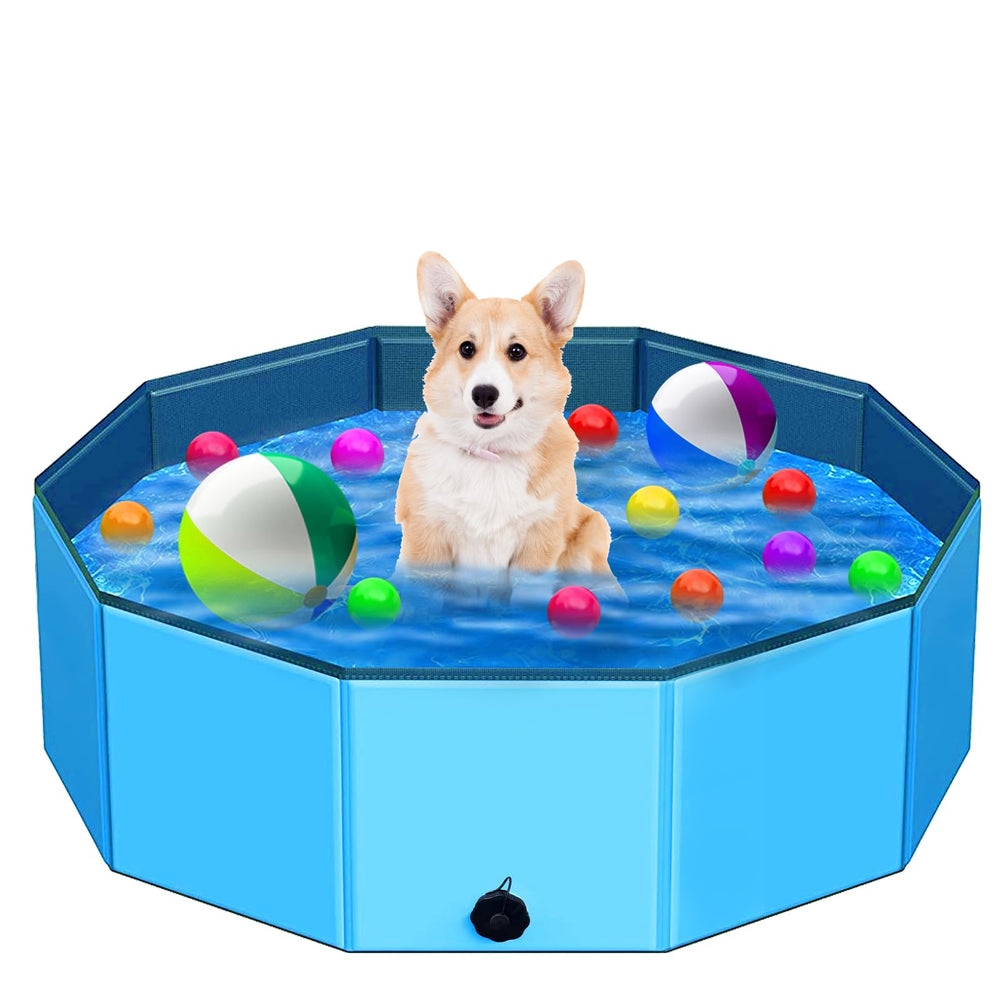 STUDESK foldable dog pool front view enables quick backyard setup for cooling off on hot days.