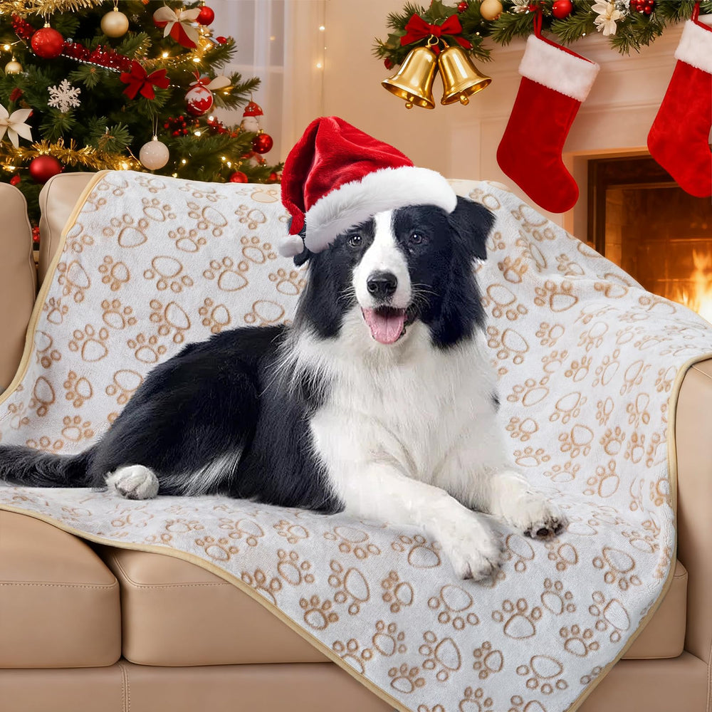 Stuffed dog blanket paw-print top provides warm, cozy comfort for pets during naps.