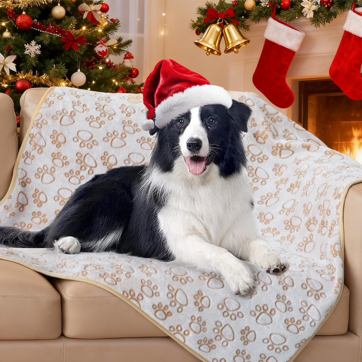 Stuffed dog blanket paw-print top provides warm, cozy comfort for pets during naps.