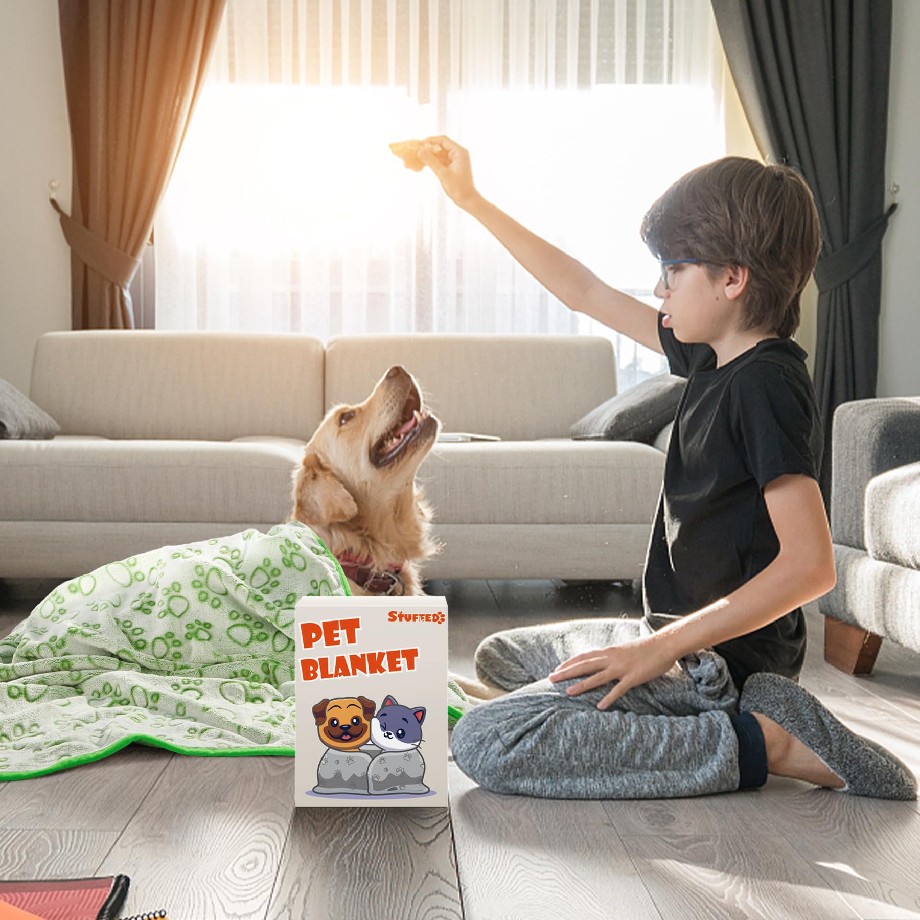 Stuffed green puppy blanket in use during night nap scene.
