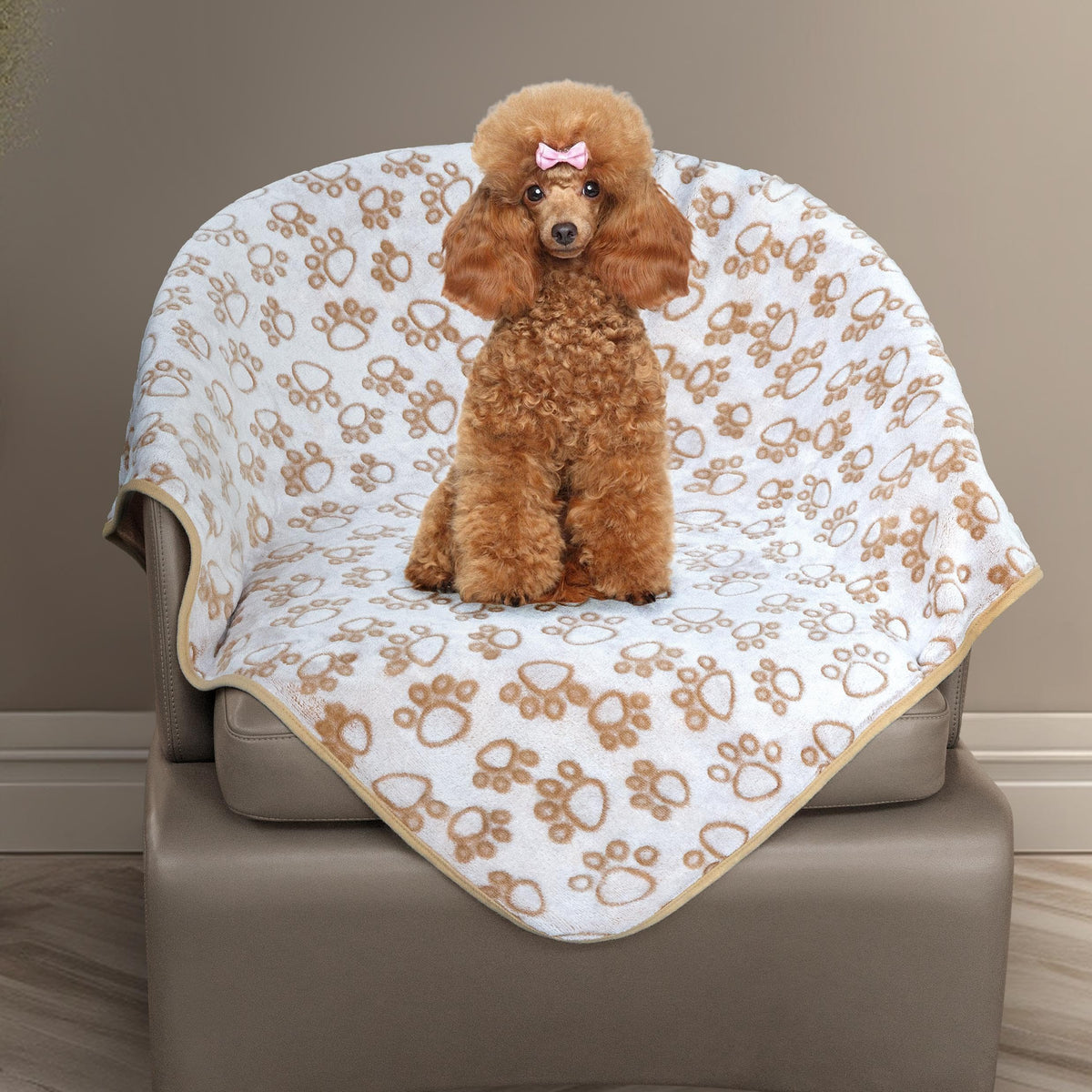 Stuffed paw-print top dog blanket provides soft comfort for daily naps.