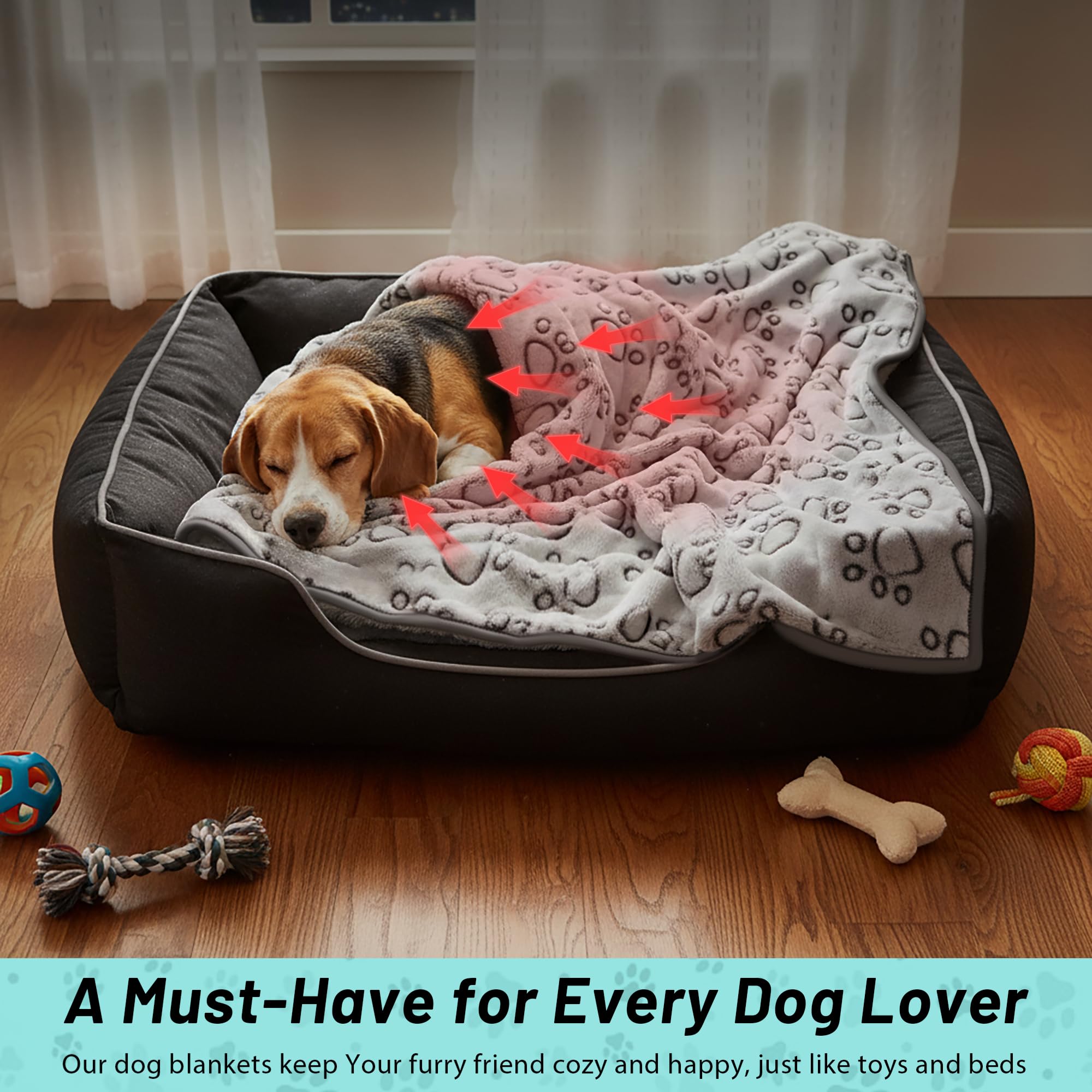 Stuffed small dog blanket 24x32 inches shown unfolded for versatile use.