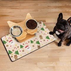 Stunnoosy Christmas cat bowl mat gingerbread design protects floor from spills.