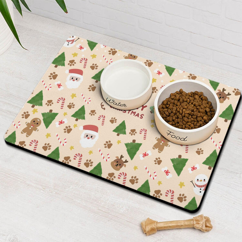 Stunnoosy Christmas dog food mat paw prints keeps floors dry during meals.