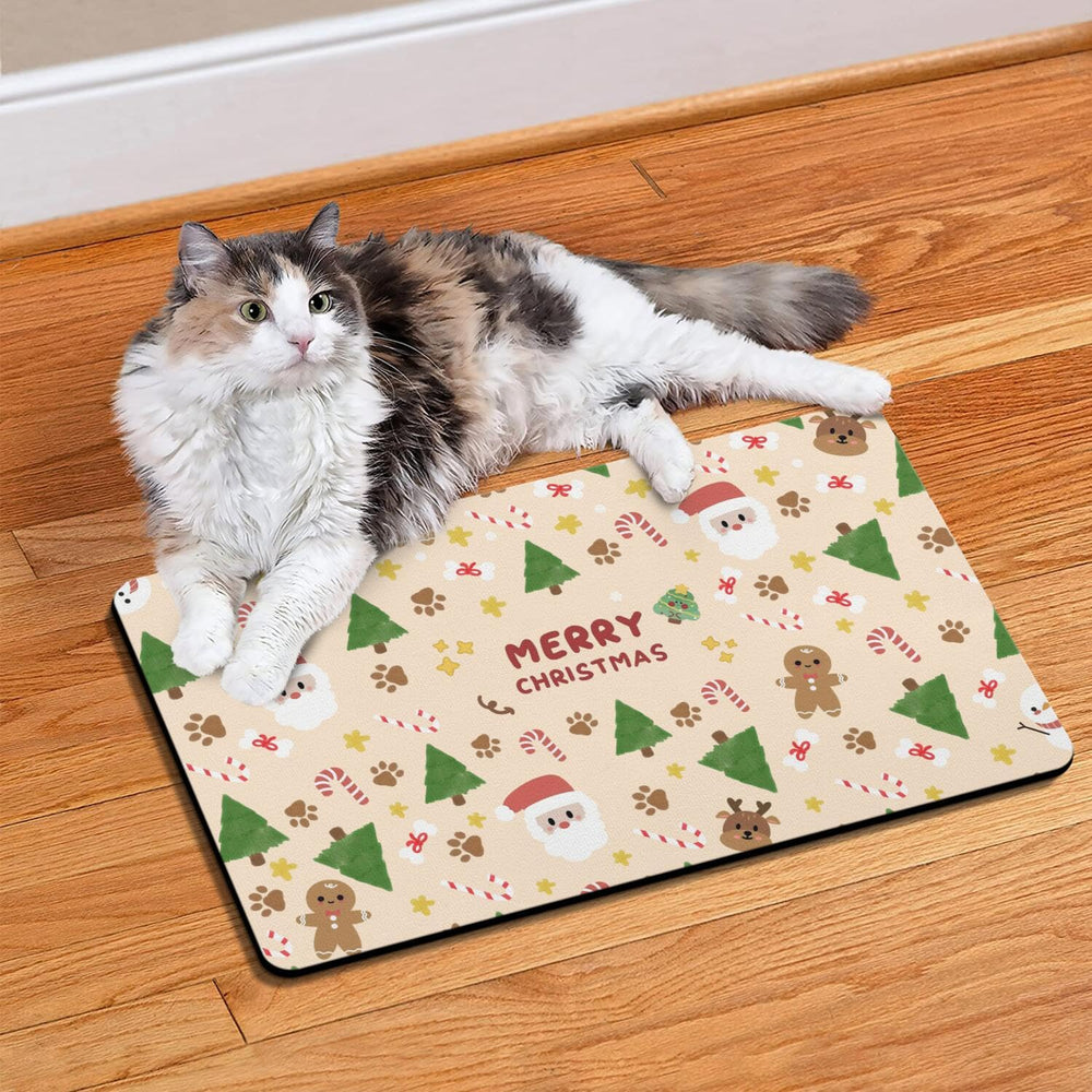 Stunnoosy Christmas dog food mat santa claus showcases festive design while absorbing spills efficiently.