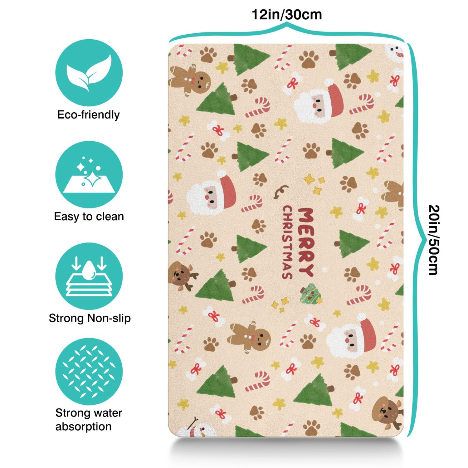 Stunnoosy Christmas dog food mat snowman quickly wicks water to keep floors dry.