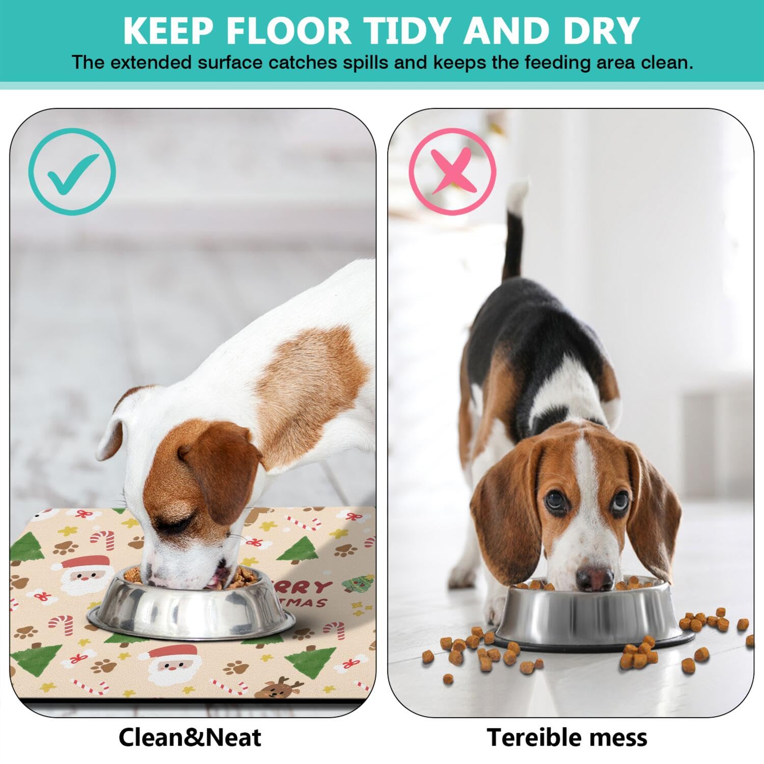 Stunnoosy Christmas pet feeding mat anti-slip keeps bowls in place during meals.
