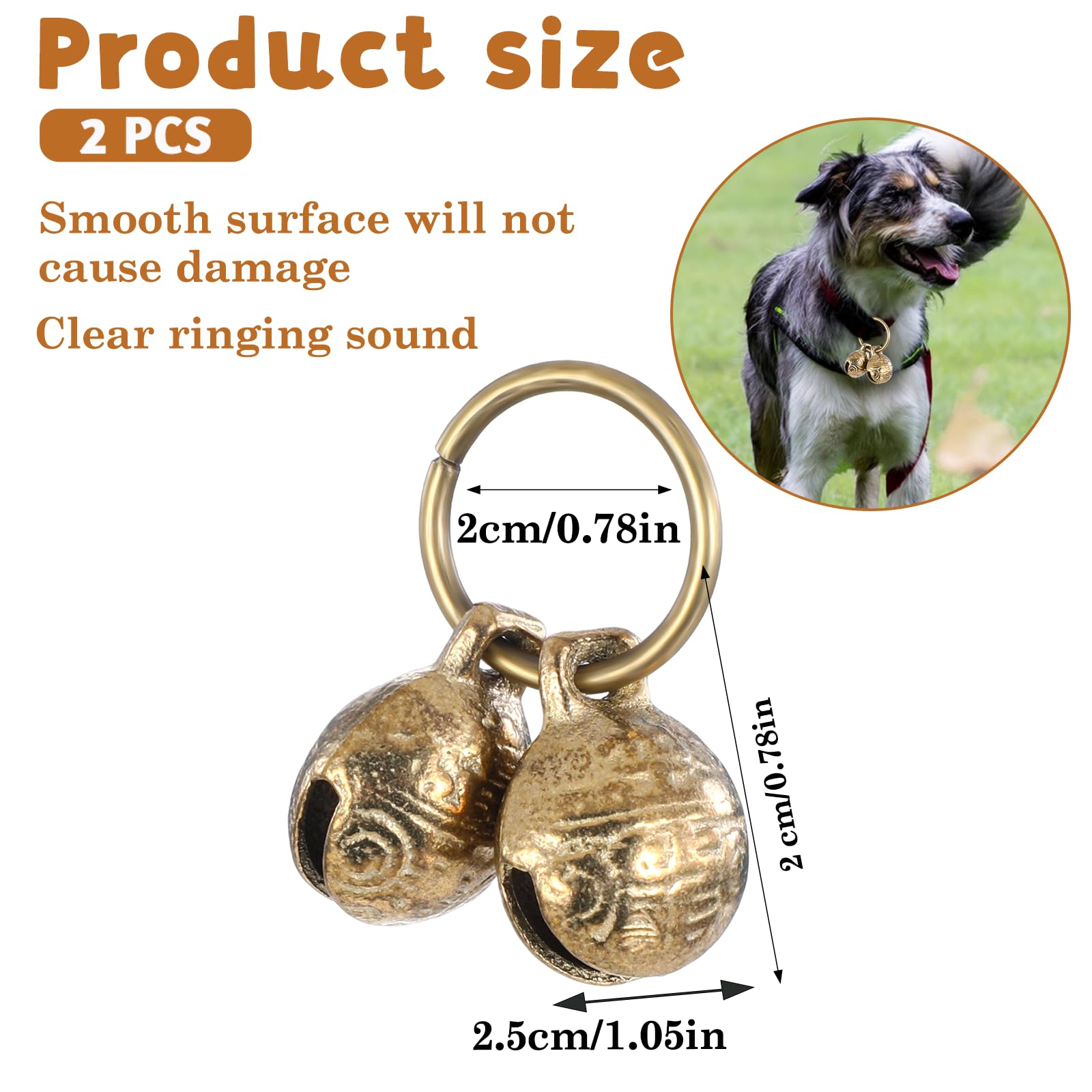 Styquenzer brass dog bell closeup on collar demonstrates loud sound for easy location.
