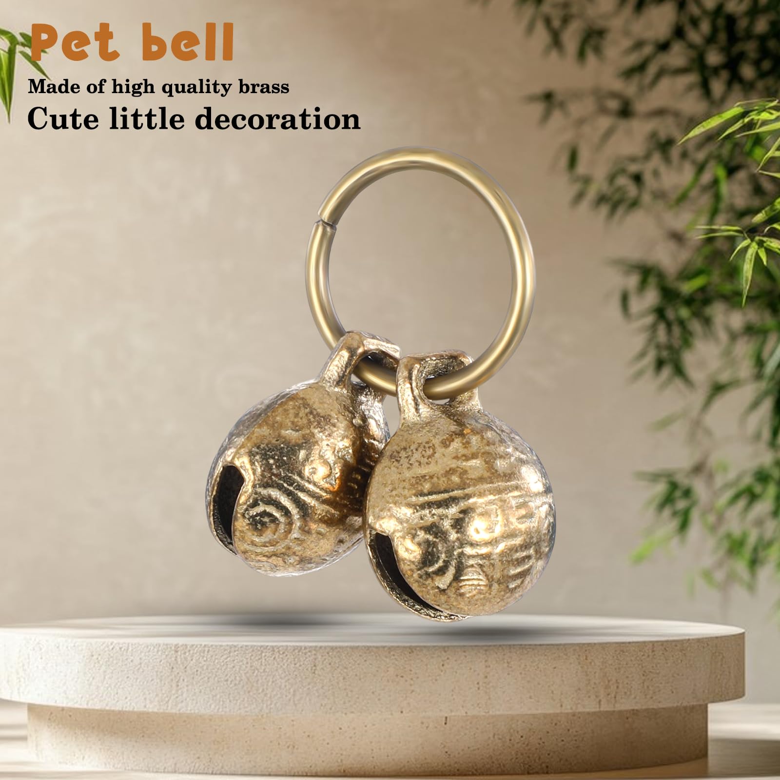 Styquenzer large brass dog bell on collar image highlights size compatibility for various pets.