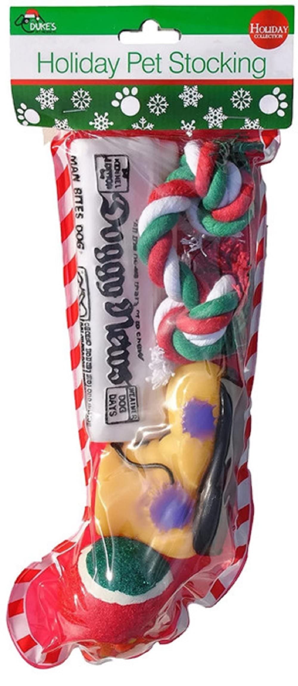 Sub-Gift Christmas stocking display featuring dogs' toy set for festive play sessions.