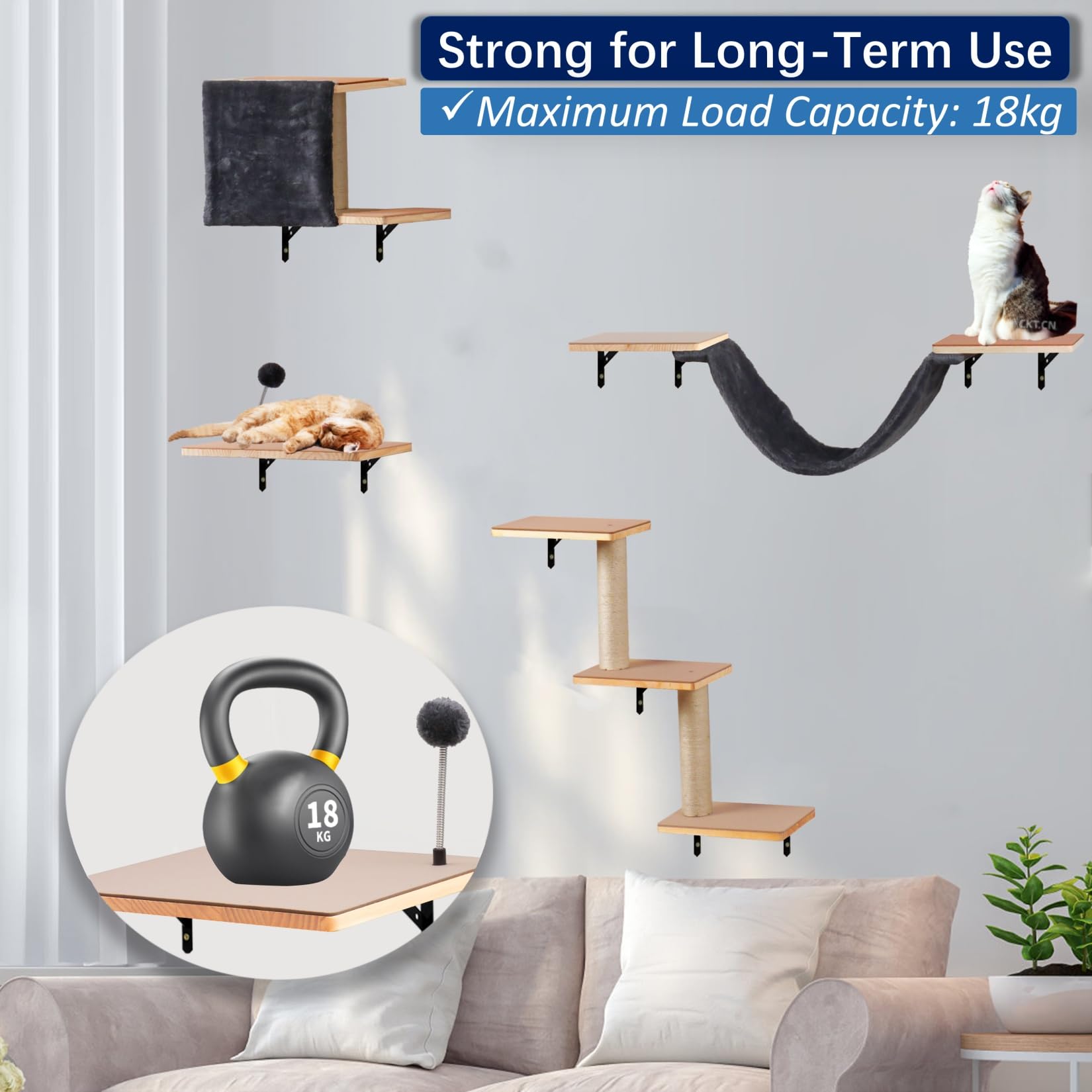 Sublimei cat wall shelves sisal posts illustrate claw-friendly play area.