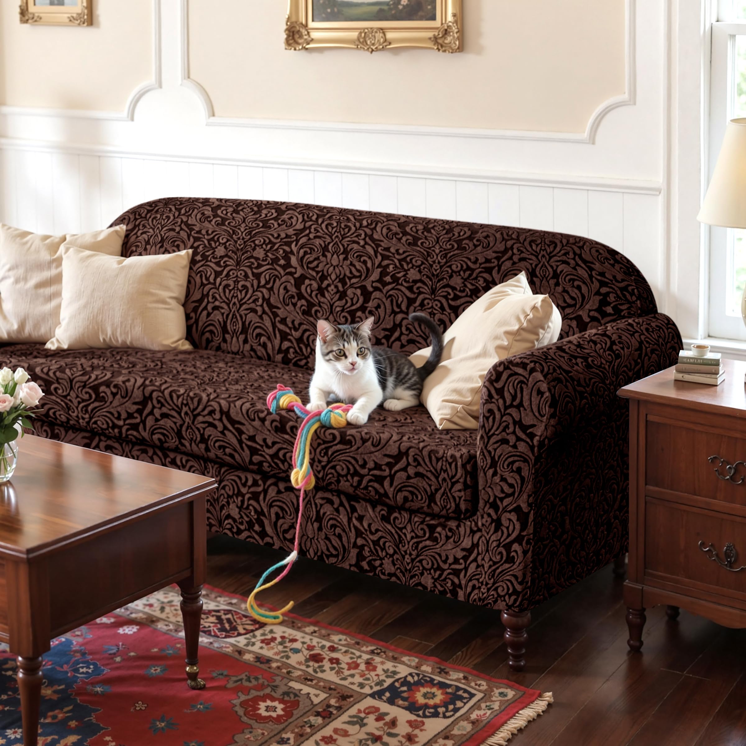 SUBRTEX brown loveseat cover on sofa highlights protective coverage for daily living