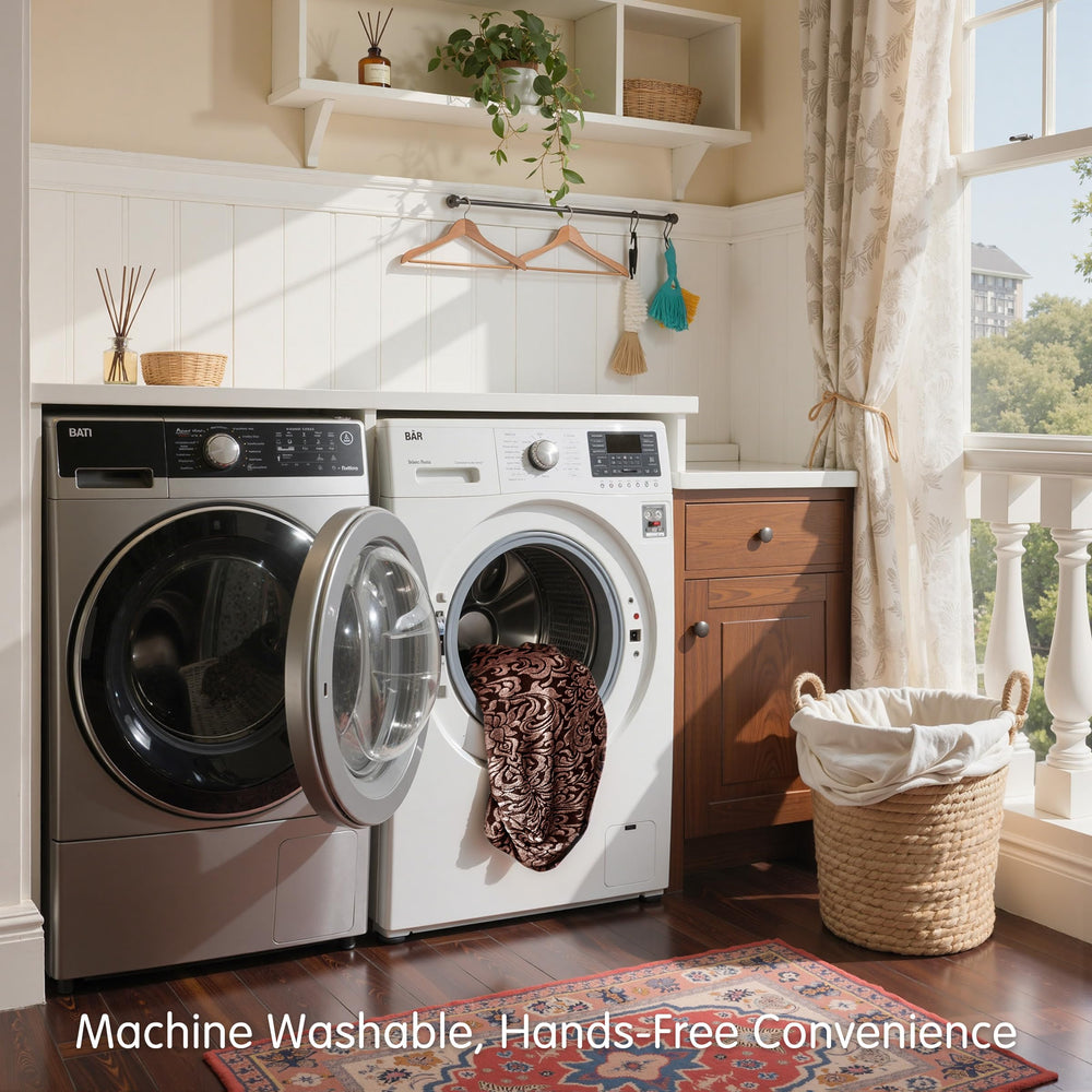 SUBRTEX machine-washable care guide shows cold-wash and low-heat drying instructions
