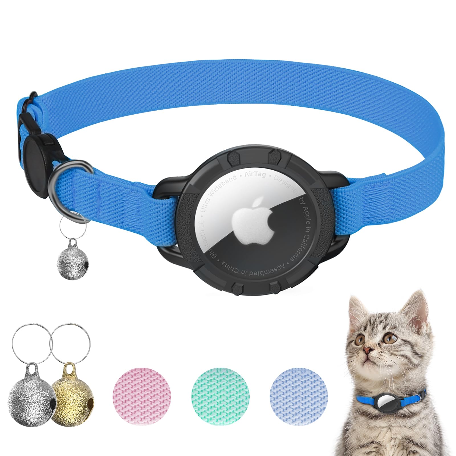 Sucegi AirTag Cat Collar sapphire blue front view with secure AirTag holder for safer tracking