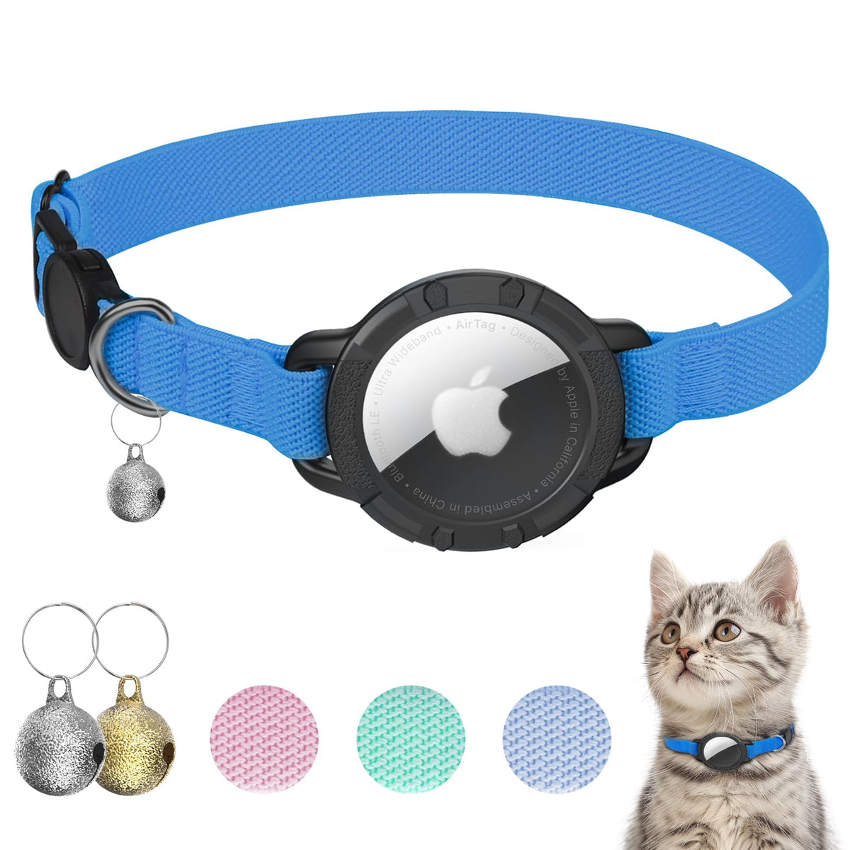 Sucegi AirTag Cat Collar sapphire blue front view with secure AirTag holder for safer tracking