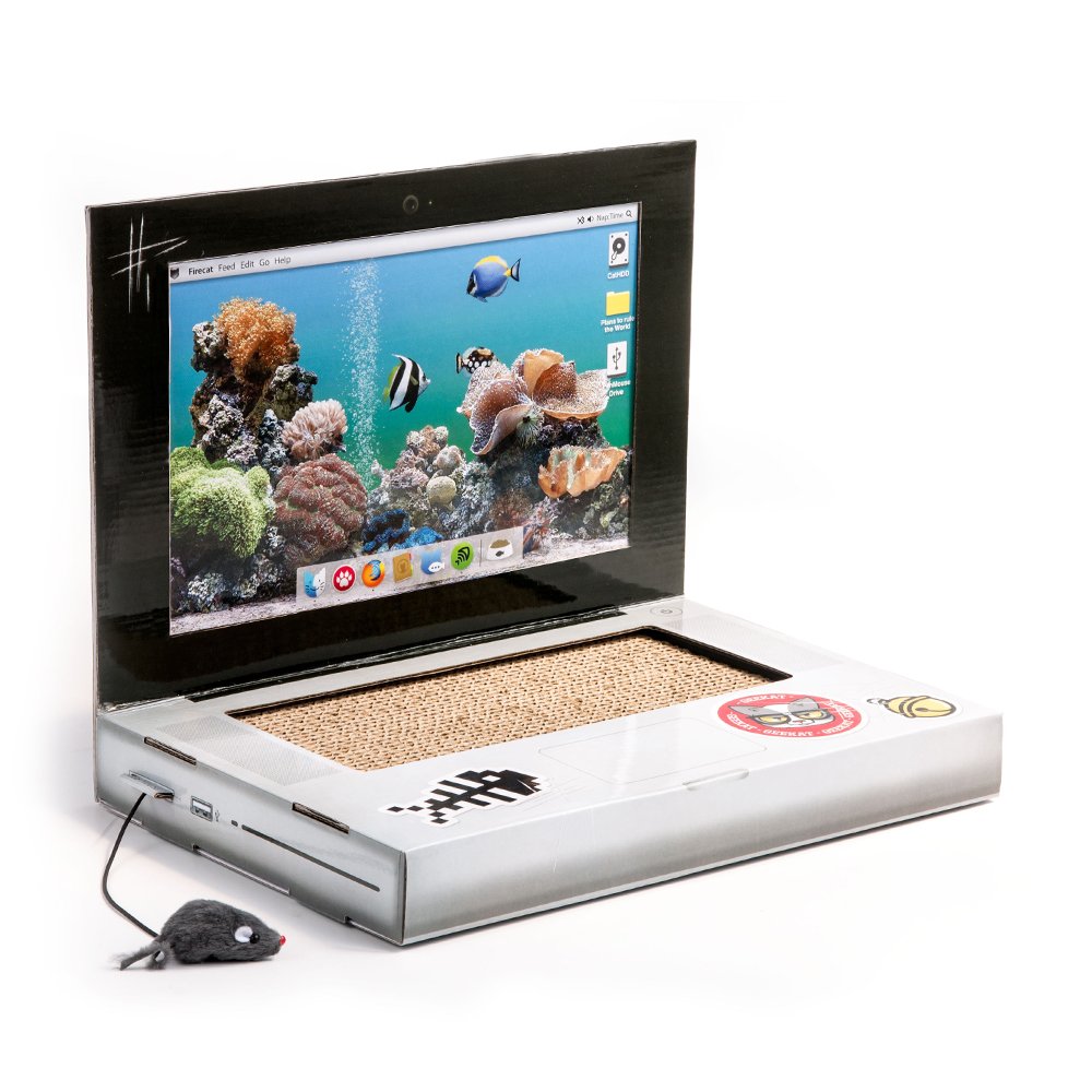 Suck UK Cat Laptop open lid with fluffy mouse encourages engaging kitten play.