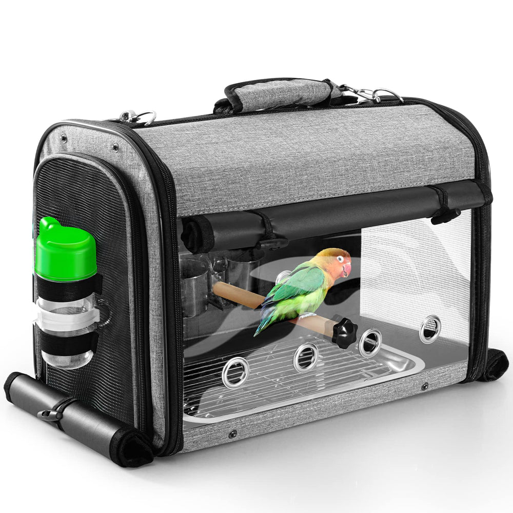 Suertree bird carrier bag-stand demonstrates portable travel setup for parrots.
