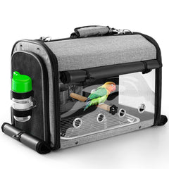 Suertree bird carrier bag-stand demonstrates portable travel setup for parrots.