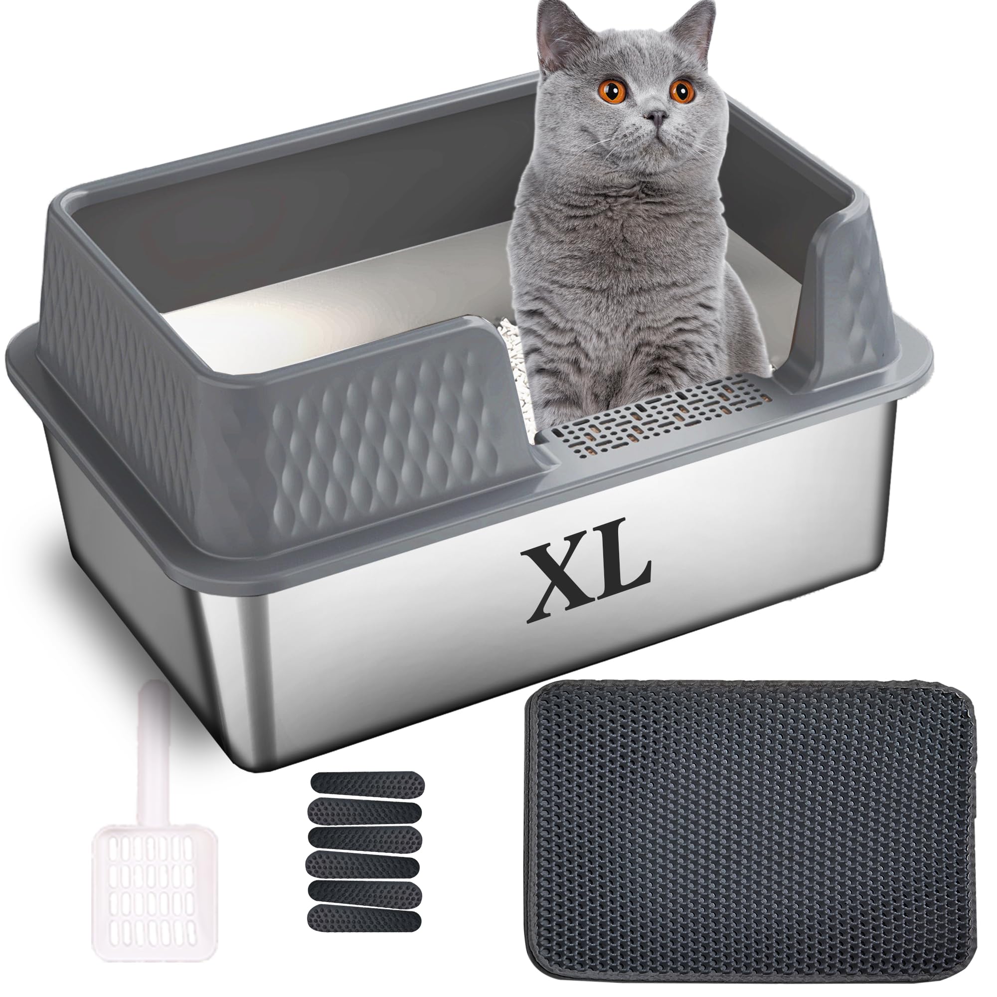 Suhaco side-entry large stainless steel litter box with spacious interior for medium to large cats